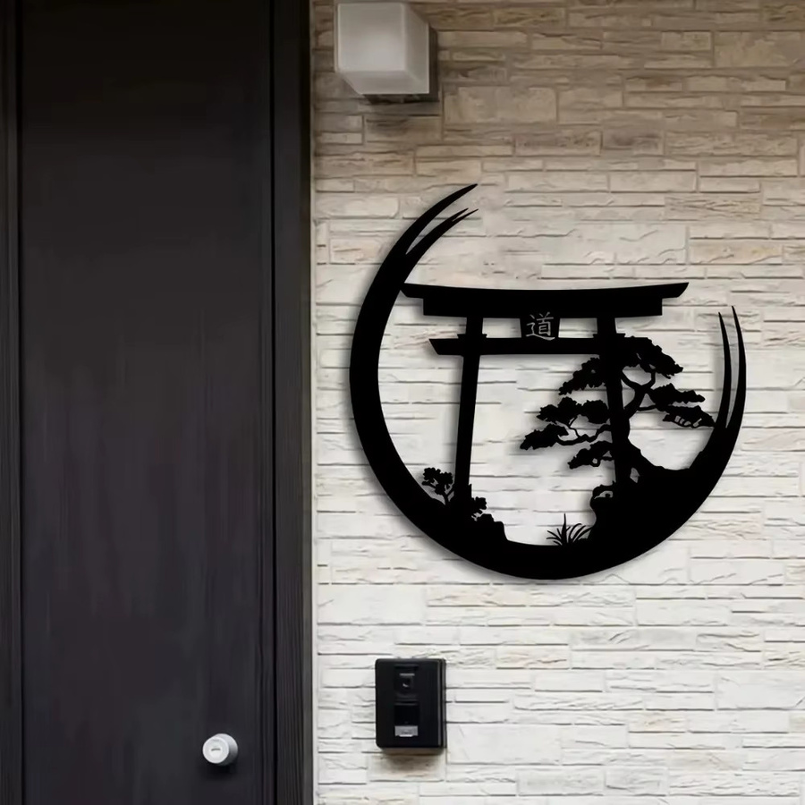 CIFBUY Japanische Torii-Tor Metall-Wandkunst in Schwarz mit Mond- und Bonsai-Motiv - Bild 5