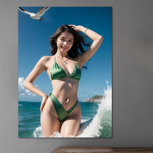 Gentle Deer Wandkunstdruck Coastal Decor Beach Bikini Woman, Mehrfarbiges Leinwandposter im maritimen Stil, Breite: 30,0 cm, Höhe: 20,0 cm - Bild 1