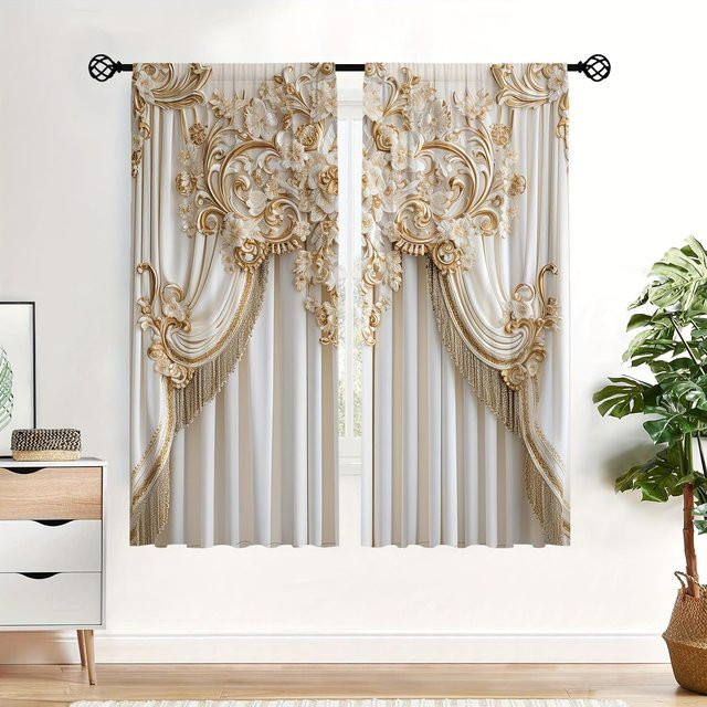 2er-Pack Europäische Eleganz Vorhänge mit 3D-Digitaldruck und Stangendurchzug, lichtfilternd und halbtransparent, Mehrfarbig, Breite: 50 cm, Höhe: 160 cm - Bild 1