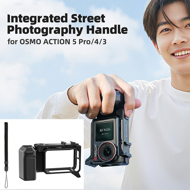 DJI Straße Grip Halter für DJI Action 3, 4 und 5 Pro Action Kameras in Schwarz mit Kaltgewindeschuh für Vlog Zubehör - Bild 1