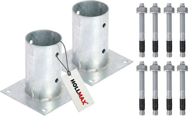 HOLLMAX Pfostenträger Set aus 2 Aufschraubhülsen 80 mm mit Schwerlastankern 10 x 100 mm, verzinkt in Silber für Rundholzpfosten - Bild 1
