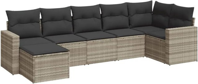 vidaXL 7-teilige Garten-Sofagarnitur in L-Form aus Polyrattan mit Kissen in Hellgrau - Bild 1