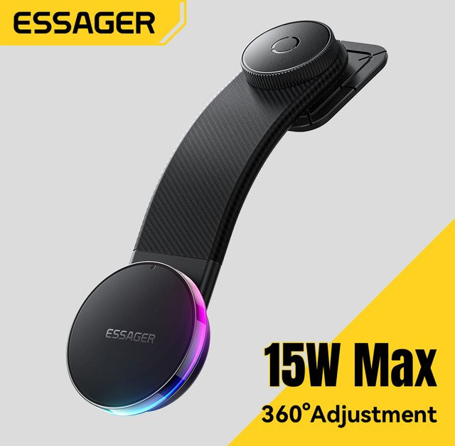 Essager Magnetischer Autotelefonhalter mit 360 Grad Rotation und 15 W LED kabellosem Ladegerät für MagSafe, Farbe: Schwarz, kompatibel mit iPhone 17 16 15 14 Pro Max - Bild 1