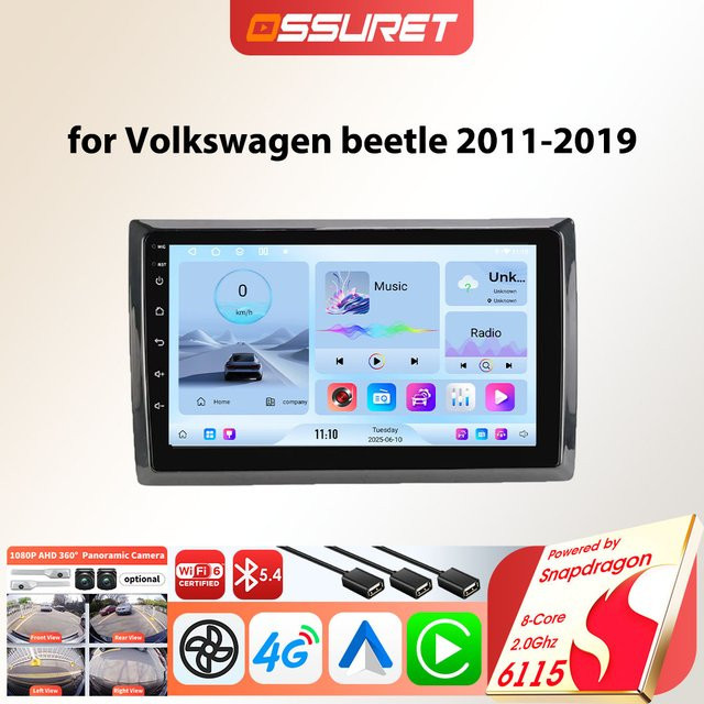 OSSURET 6115 Android-Autoradio-Player für VW Volkswagen Beetle A5 5c 2011–2019 mit Carplay, GPS und 128 GB Speicher, Schwarz, 2DIN - Bild 1