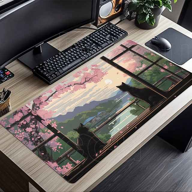 Riccu Mauspad Kirschblüten-Landschaft Schwarz Multicolour, rutschfeste Schreibtischunterlage mit Stichkante - Bild 1