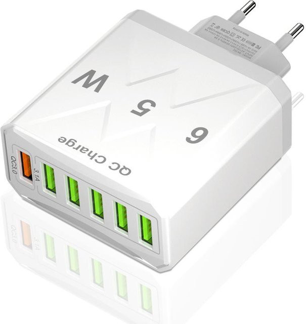 Vumpach 6-Port USB-Ladegerät mit 65W Schnellladung QC3.0, Reise-Adapter für iPhone, Samsung und Xiaomi, Farbe: Weiß - Bild 1