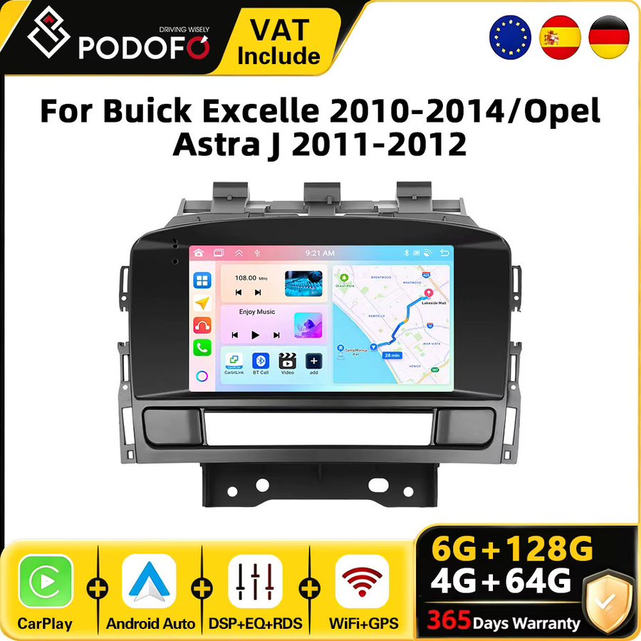 Podofo Android Autoradio mit 7 Zoll Display, 6 GB RAM + 128 GB Speicher, GPS, WiFi, CarPlay und Android Auto für Buick Excelle 2010-2014 und Opel Astra J 2011-2012, Schwarz - Bild 2