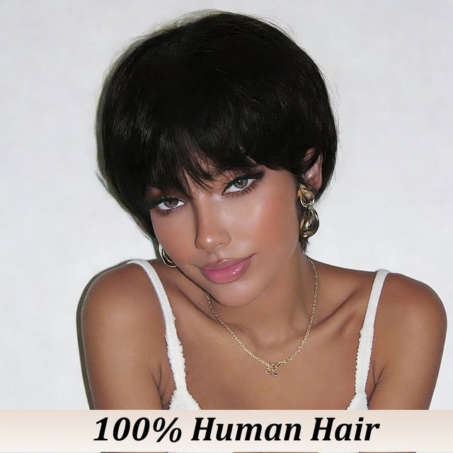OYM HAIR Perücke, Bob-Pixie-Schnitt, Echthaar, Schwarz, Damen - Bild 1