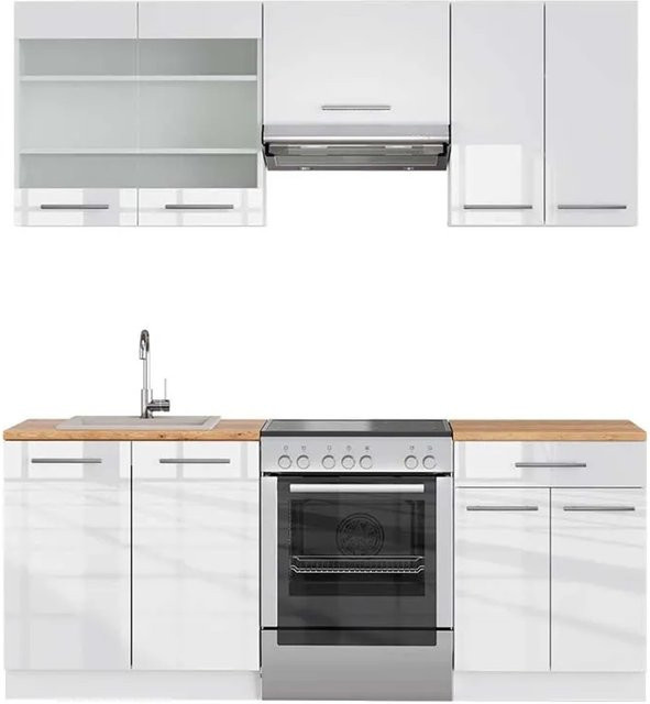 Vicco Fame-Line Küchenschrank in Weiß Hochglanz und Eiche, moderne Küchenzeile mit Soft-Close-Türen, Breite: 200 cm - Bild 1