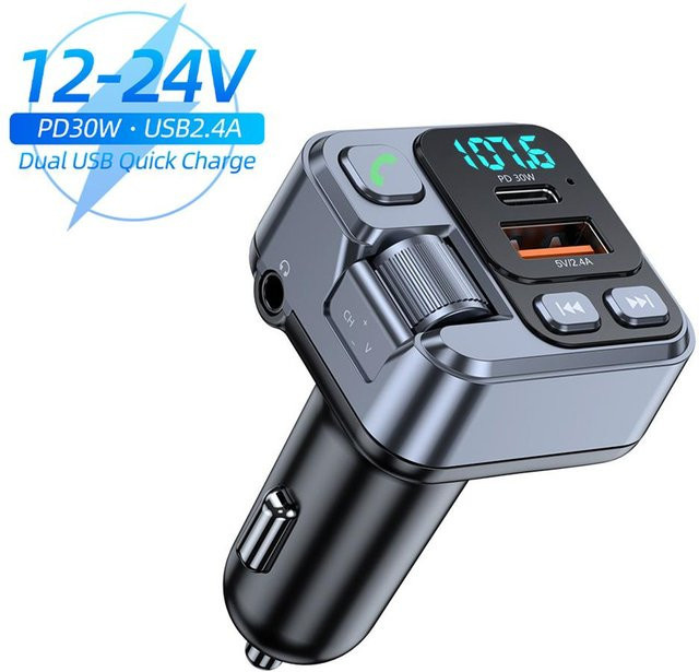 Meiteai-Car&Motor Bluetooth 5.1 Auto-FM-Transmitter mit 30 W PD USB-Schnellladegerät, MP3-Musik-Adapter und Freisprecheinrichtung, grau - Bild 1