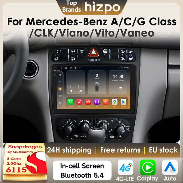 Hizpo Android 14 Autoradio mit Snapdragon 6115, CarPlay, GPS, DSP und Bluetooth 5.4 für Mercedes-Benz A W168, C W203, G W463, Vito, Vaneo und C209, Schwarz - Bild 1