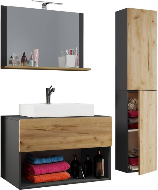 VCM Möbel Waschplatz Lendas 4-teilig in Anthrazit und Eiche Honig Nachbildung mit Weiß, B/H/T: 80 x 150 x 52 cm - Bild 1