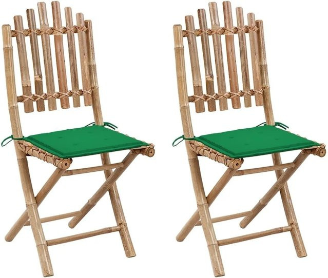 vidaXL Set aus 2 klappbaren Gartenstühlen aus Bambus mit Kissen in Braun und Grün - Bild 1