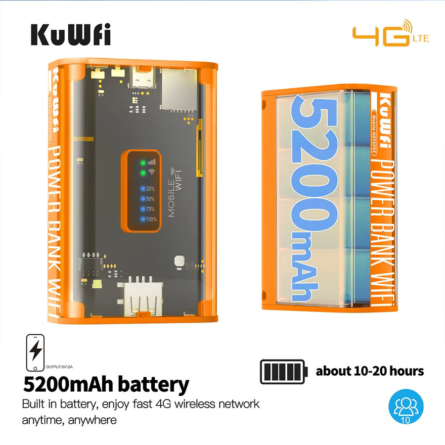 KuWFi 4G Mobile Router mit 5200 mAh Akku, 150 Mbit/s, 2,4 GHz WLAN, USB-C und Nano-SIM-Slot, Orange - Bild 4