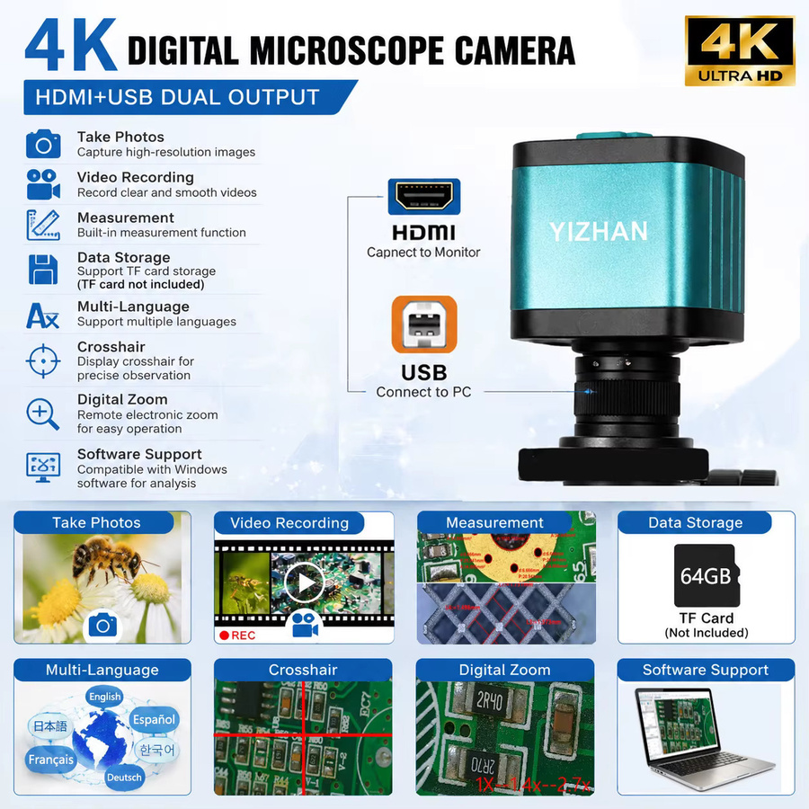 YIZHAN 4K Digitalmikroskop IMX327 Industriemikroskop-Kamera-Set für PCB-Schweißen und Inspektion in Schwarz mit HDMI-Anschluss - Bild 2