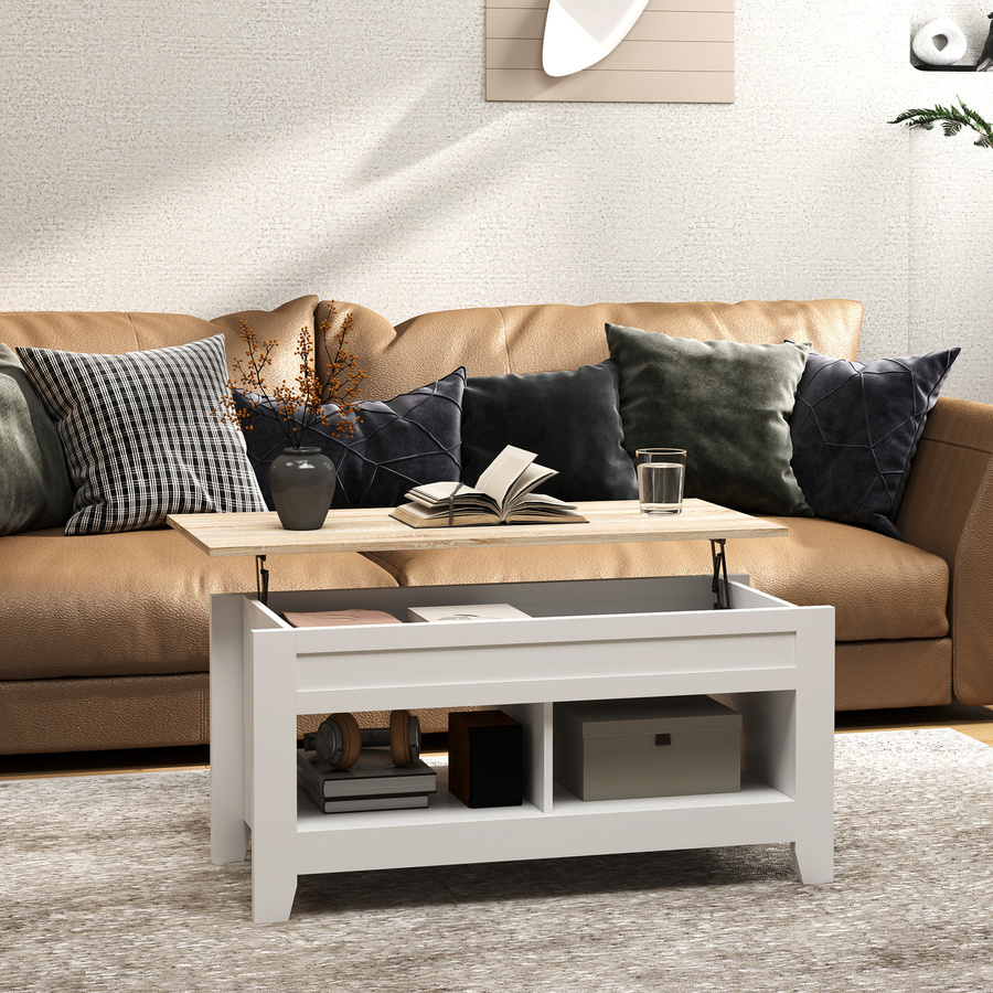 Aosom Couchtisch mit klappbarem Tablett und Regalen in Weiß, B/T/H: 105 x 50 x 49-62,5 cm - Bild 2