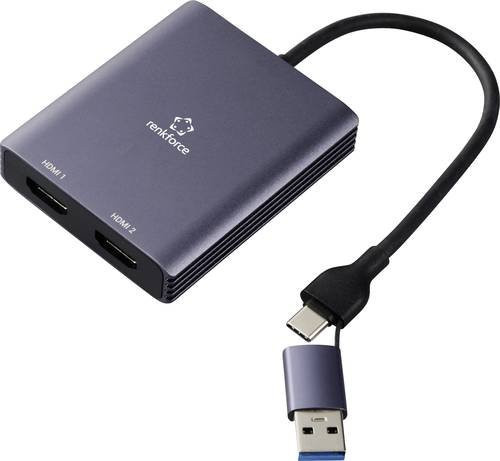 Renkforce RF-6418198 USB-C auf HDMI Adapter mit 1x USB-A und 2x HDMI in Grau für 4K UHD - Bild 1