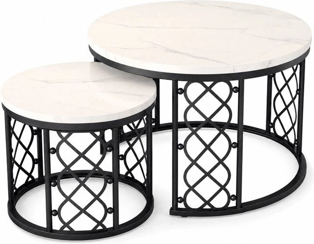 okwish Couchtisch 2er-Set aus MDF und Metall, runde Satztische für dein Wohnzimmer, Weiß und Schwarz, B/T/H: 70 x 70 x 45 cm - Bild 1