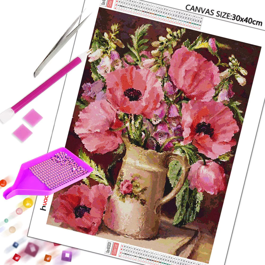 Huacan DIY Diamond Painting Set Floral Rose in Pink, Vintage Stil, Rund, Durchmesser: 30 cm - Bild 2