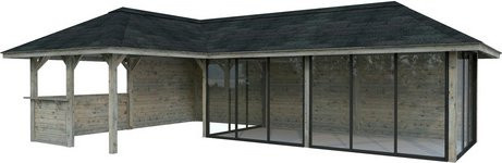 PALMAKO Pavillon Bianca Set 221 Slide aus Fichtenholz in Grau mit Alu-Schiebetüren und Eck-Tresenanlage, B/H/T: 876 x 319 x 588 cm - Bild 1