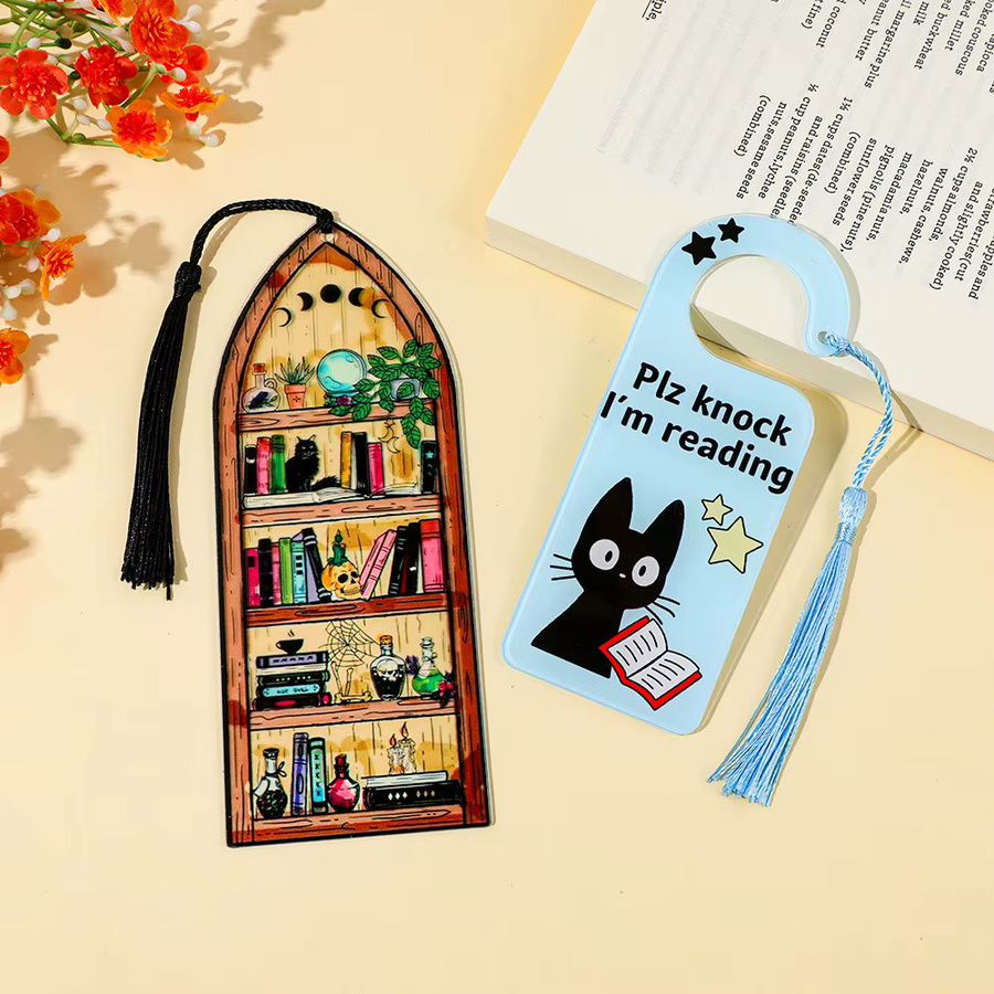Gothic Buchregal-Lesezeichen und Katzen-Lese-Türhänger aus Acryl mit Quaste für Leser und Katzenliebhaber - Bild 2