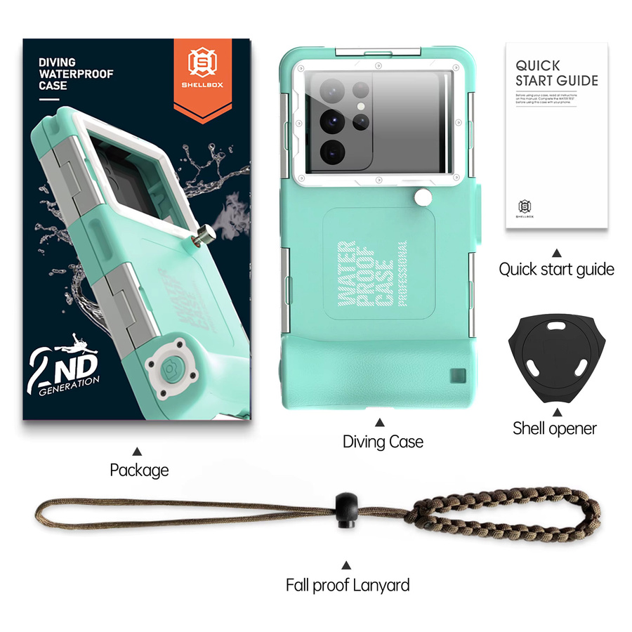 Shellbox Wasserdichte Bluetooth Handyhülle IP68 für 6,9 Zoll Smartphones wie iPhone, Samsung, Xiaomi und Google in Gelb, Schwarz oder Türkis mit 15 m Kabel - Bild 7