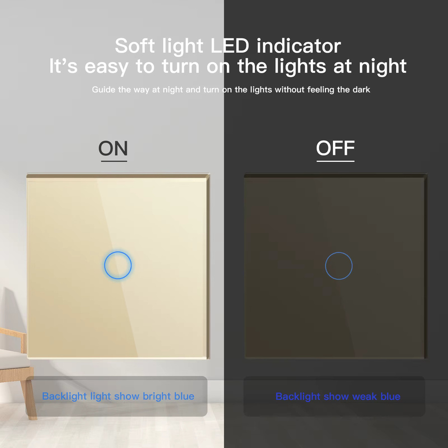 Bseed 2er-Pack Touch-Lichtschalter 1-Gang 2-Wege mit Glaspanel und blauer Hintergrundbeleuchtung 240V - Bild 2