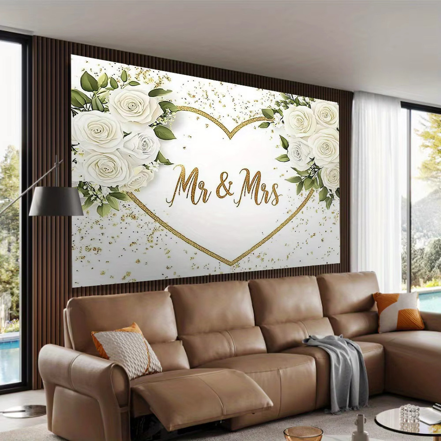 OURFETE Hochzeits-Hintergrund Banner mit weißen Rosen und Goldglitter-Herzen für Brautparty und Verlobung, B: 150 cm, H: 100 cm - Bild 2