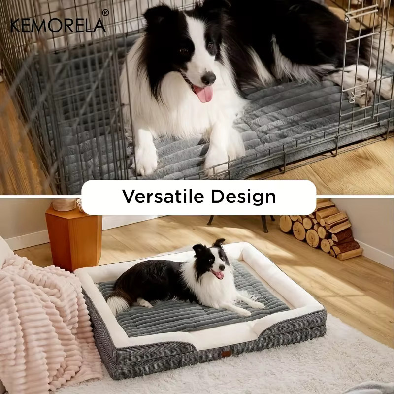 KEMORELA Hundebett aus Plüsch mit Streifenmuster in Grau, rutschfeste Hundematte für kleine und große Hunde - Bild 3