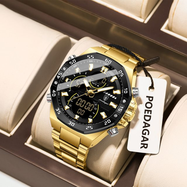 POEDAGAR Armbanduhr, Digitaluhr, Quarz, Edelstahl, Schwarz, Herren - Bild 1