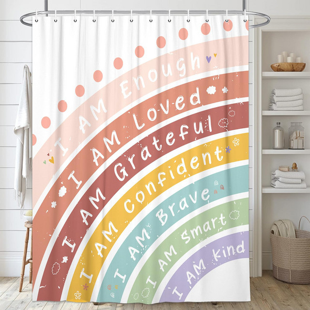 VIKAMA Regenbogen-Duschvorhang mit positiven Affirmationen in Macaron-Farbverlauf, wasserdicht, Polyester, B/H: 90 x 180 cm, Mehrfarbig - Bild 1