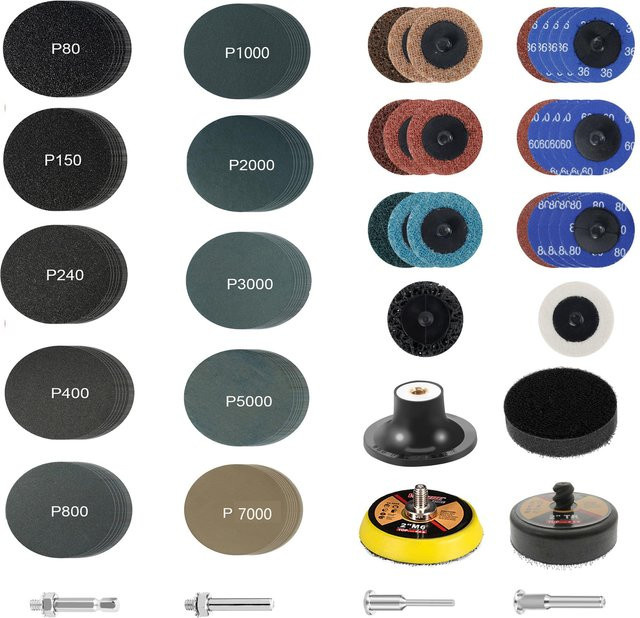 VIBRATITE Schleifscheiben Set mit Schleifpapier, 134 Stück, 50 mm Durchmesser, für Bohrschleifer und Drehwerkzeuge, inklusive 1/8 Zoll und 1/4 Zoll Schaft - Bild 1
