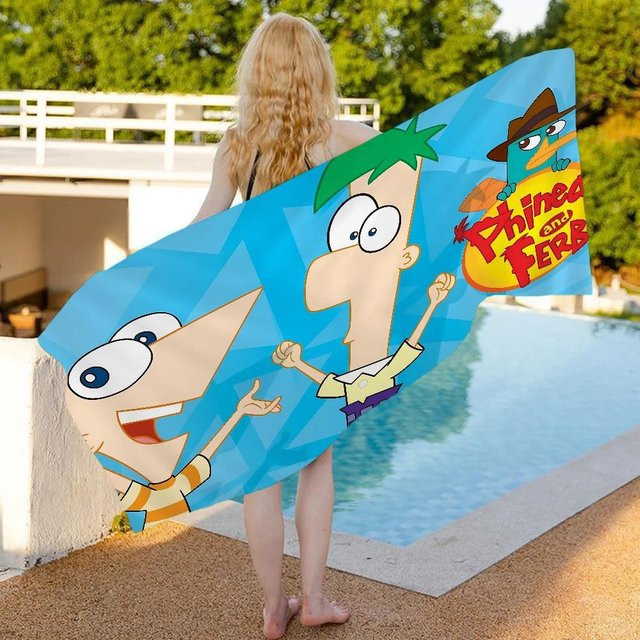 Phineas und Ferb Strandtuch aus Mikrofaser, buntes Motiv für Mädchen, schnelltrocknend, B/H: 40 x 70 cm - Bild 1