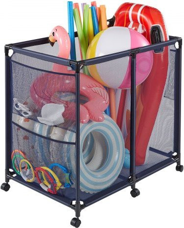 VEVOR Pool Storage Bin mit Rollen und Seitentaschen, Rollbarer Poolspielzeug-Organizer aus Metall mit Mesh-Korb, B/T/H: 93,5 x 61 x 90,4 cm - Bild 1