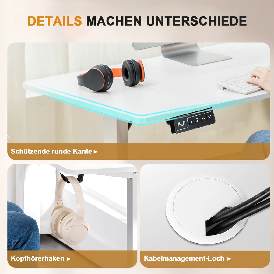 Comhoma Elektrisch Höhenverstellbarer Schreibtisch in Weiß mit USB-Buchse und Haken, Moderner Steh-Sitztisch für das Home-Office - Bild 4