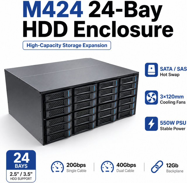 VBNM M424 24-Bay DAS-Speichergehäuse in Schwarz mit Hot-Swap für 2,5 und 3,5 Zoll SATA SAS Festplatten, 12Gb Backplane und 550W Netzteil - Bild 1