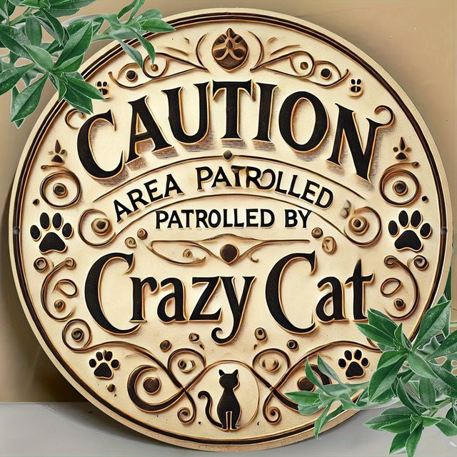 Potdemiel Wandkunst im Vintage-Stil CUTION Area Patrolled by Crazy Cat, rundes Metallschild in Beige, Durchmesser: 20 cm - Bild 1