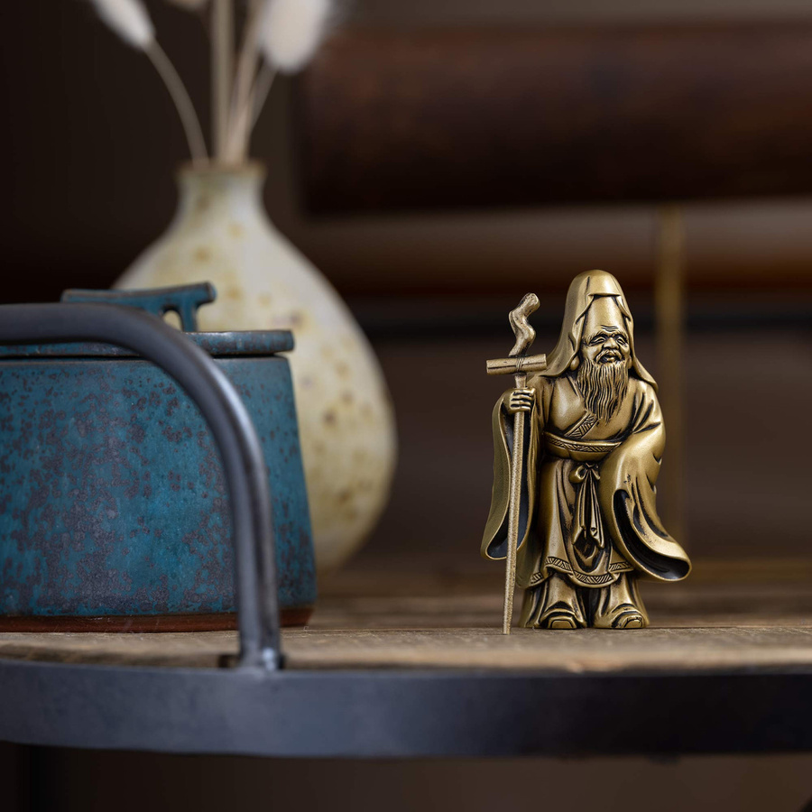 Buddhistische Statue Fukurokuju Silky Gold von VALLETTA JAPAN, Bildhauer Makita Shuun, Antikgold, Takaoka Kupferwaren, Höhe: 8,5 cm, Breite: 5,2 cm, Tiefe: 3,5 cm - Bild 6