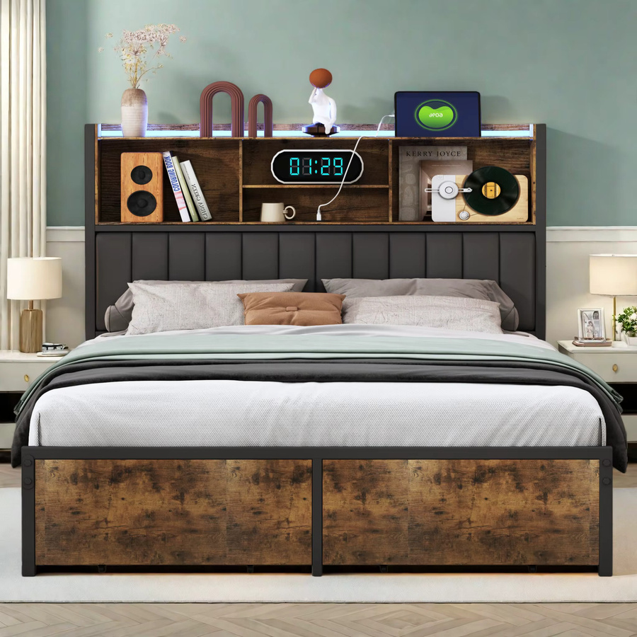 Superaly Gepolstertes Doppelbett mit LED-Beleuchtung, USB-Ladefunktion und Schubladen, B/T: 140 x 200 cm, PU-Leder - Bild 2