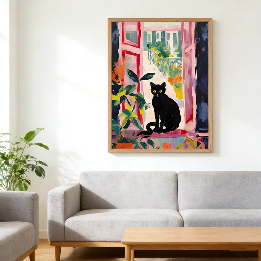 Modernes Poster Katze im offenen Fenster im Stil von Henri Matisse, buntes Fauvismus Gemälde mit schwarzer Katze und floralen Elementen, Mehrfarbig - Bild 5