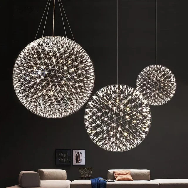 Spark Ball LED Pendelleuchte in Silber aus Edelstahl mit Fernbedienung – Moderne Feuerwerk Design Hängeleuchte für die Küche oder das Loft - Bild 1