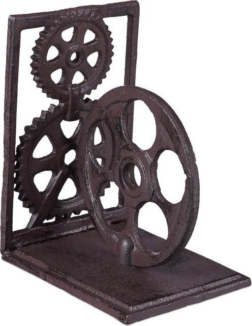 Relaxdays Buchstütze aus Gusseisen im Industrial-Stil mit Zahnrädern, Schwarz, B/T/H: 16 x 13 x 10 cm - Bild 1