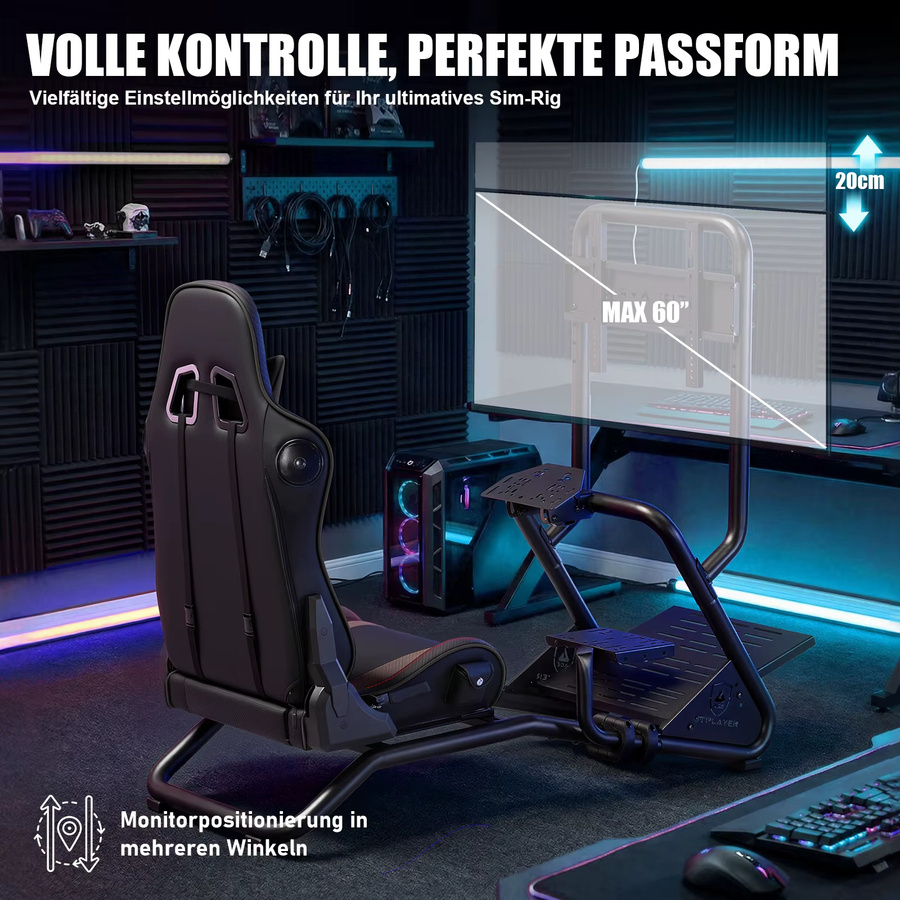GTPLAYER Simulator Cockpit Rennsimulator Lenkradständer mit 3D-Stereo-Lautsprechern und Monitorhalterung in Schwarz - Bild 2