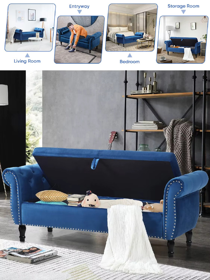 Homfa Samt-Aufbewahrungsbank mit Armlehnen und Chesterfield-Polsterung, gepolsterte Ottoman-Bank für Schlafzimmer und Wohnzimmer in Weiß oder Blau - Bild 6