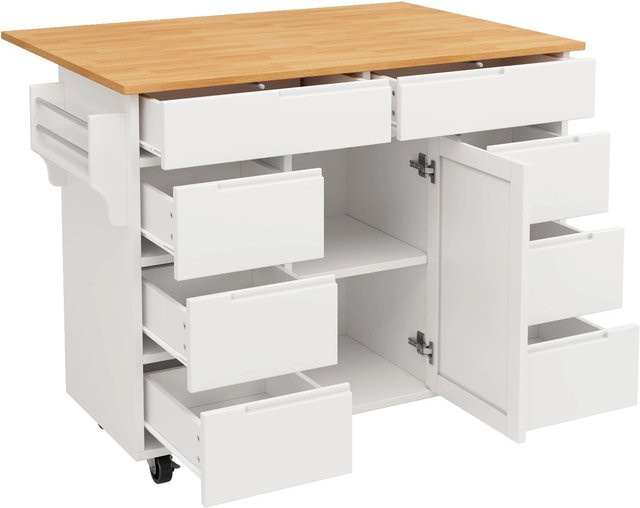 okwish Kücheninsel mit Rollen und Arbeitsplatte in Weiß, inklusive Gewürzregal und Schubladen, B/T/H: 122 x 74 x 91 cm - Bild 1