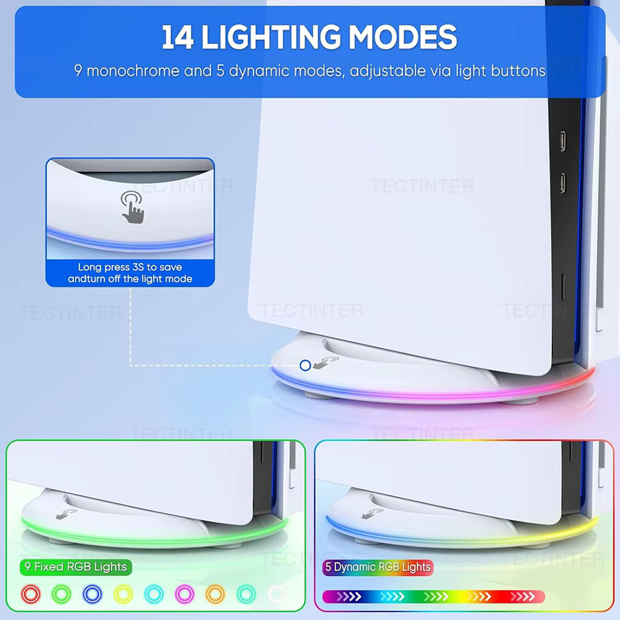 TECTINTER Vertikaler Kühlständer für PS5 Slim und PS5 Pro mit RGB-Beleuchtung und rutschfester Basishalterung in Schwarz - Bild 3