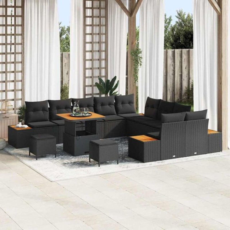 Modernes Garten-Sofa-Set mit 13-teiligem Kissen-Set aus Poly-Rattan in Schwarz von vidaXL - Bild 1