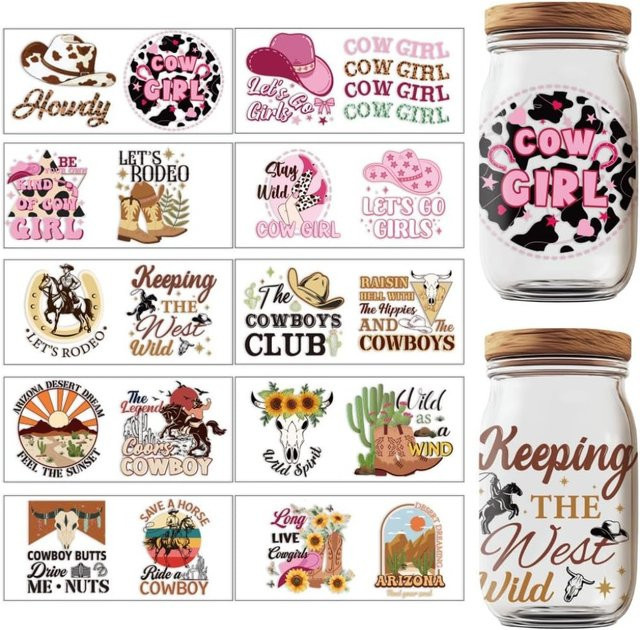 20 Stück UV DTF Cup Wraps Western Country Transfers Aufkleber Cowboy Cowgirl Motiv in Multicolour, Wasserdichte Rub on Transfers für Becher - Bild 1