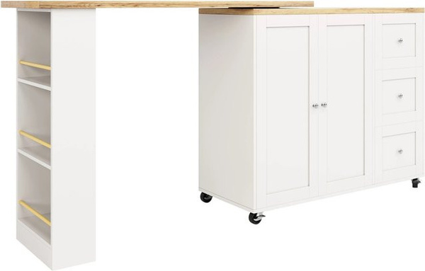okwish Stehtisch mit 3 Schubladen und Snackhalter in Weiß, B/T/H: 135-203 x 39 x 106 cm