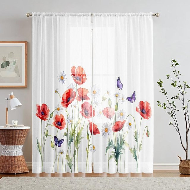 2er-Set dekorative Vorhänge mit rotem Blumen- und Schmetterlingsmuster, halbtransparent, B: 132 cm, H: 160 cm - Bild 1